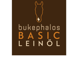Logo Bukephalos Minerals Basic Leinöl auf braunem Hintergrund – 100% kaltgepresstes Leinöl für Pferde zur Unterstützung des Fellwechsels und der Hautgesundheit.