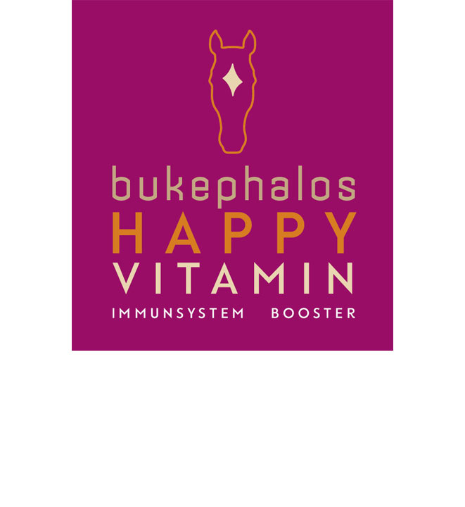 Logo des Produkts 'Happy Vitamin' von Bukephalos Minerals auf lila Hintergrund – Hochdosierter Vitamin-Komplex zur Unterstützung der Vitalität und des Immunsystems bei Pferden.
