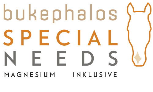 Bukephalos Logo mit Produktname 'Special Needs' und Info 'Magnesium inklusive' - Zur täglichen, bedarfsgerechten Versorgung mit Mineralstoffen und Spurenelementen für Stoffwechselerkrankte Pferde